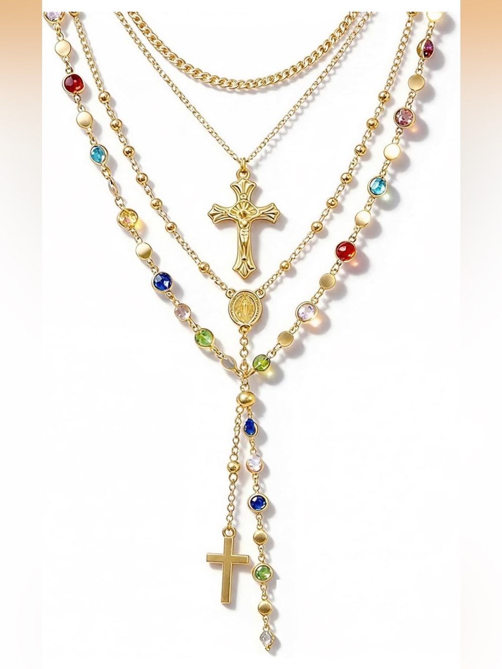 Anthropologie Gold Layered Rosary Necklace with Multicolored Stones